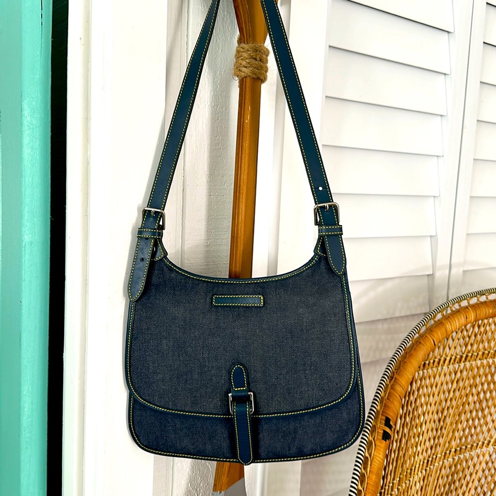Dooney & Bourke dark blue denim sling bag with navy leather trim